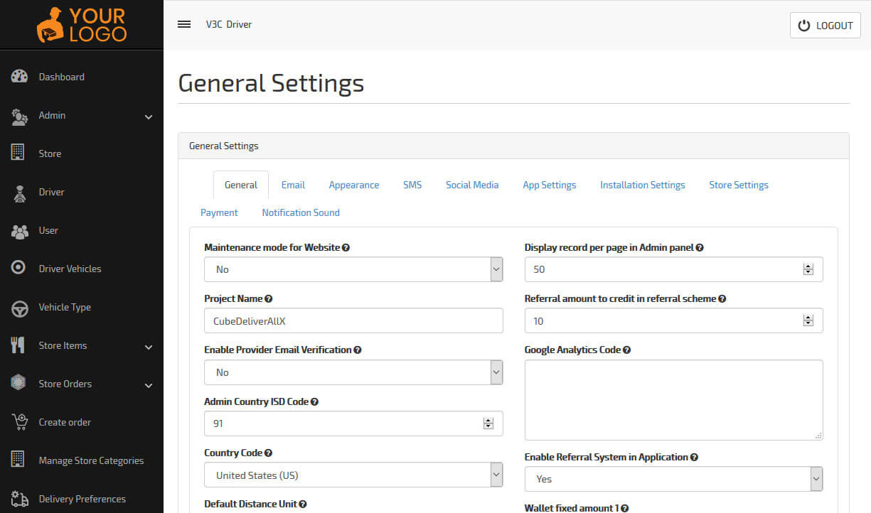 general settings country code, analytics code from admin