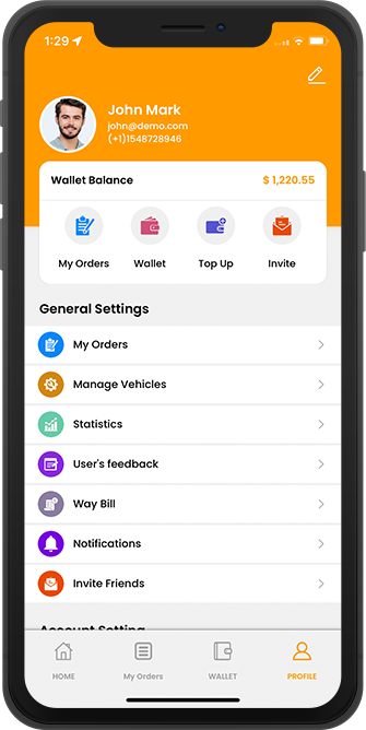 delivery driver app menu