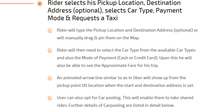 rider selects his picup location, address, payment type, car type