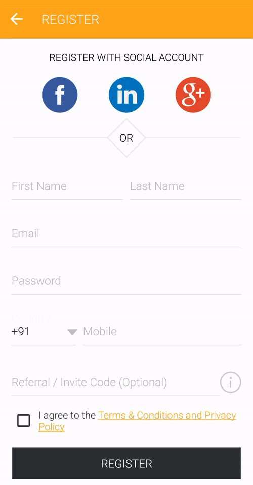 rider signup and login screen