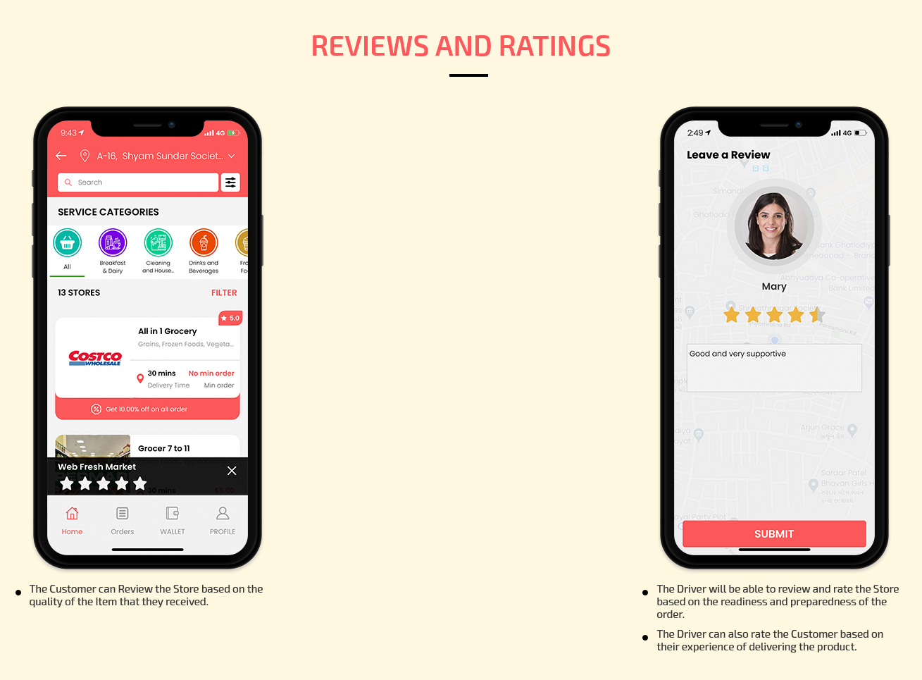 user rate & review to Stores & driver