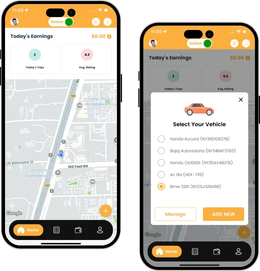 Uber clone driver app screen with ride requests and navigation features