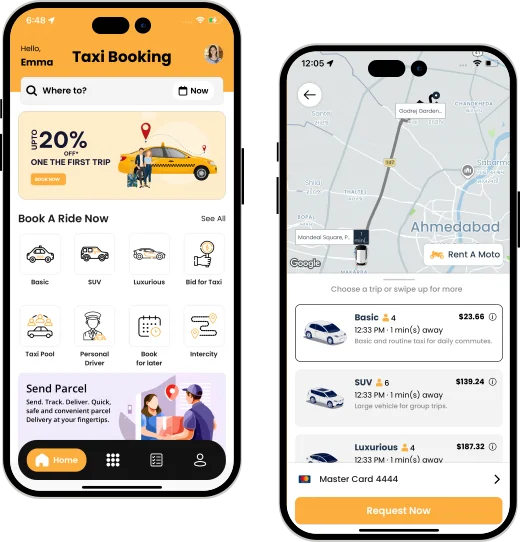 Uber clone user app interface showing taxi booking features and ride options