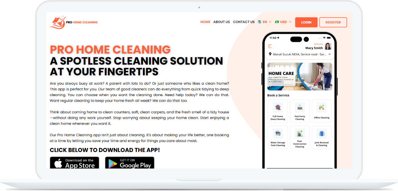 On demand house cleaning app Website