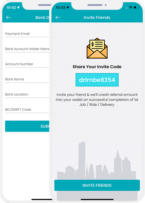 user and service providers upload their bank details and invite friends to download app