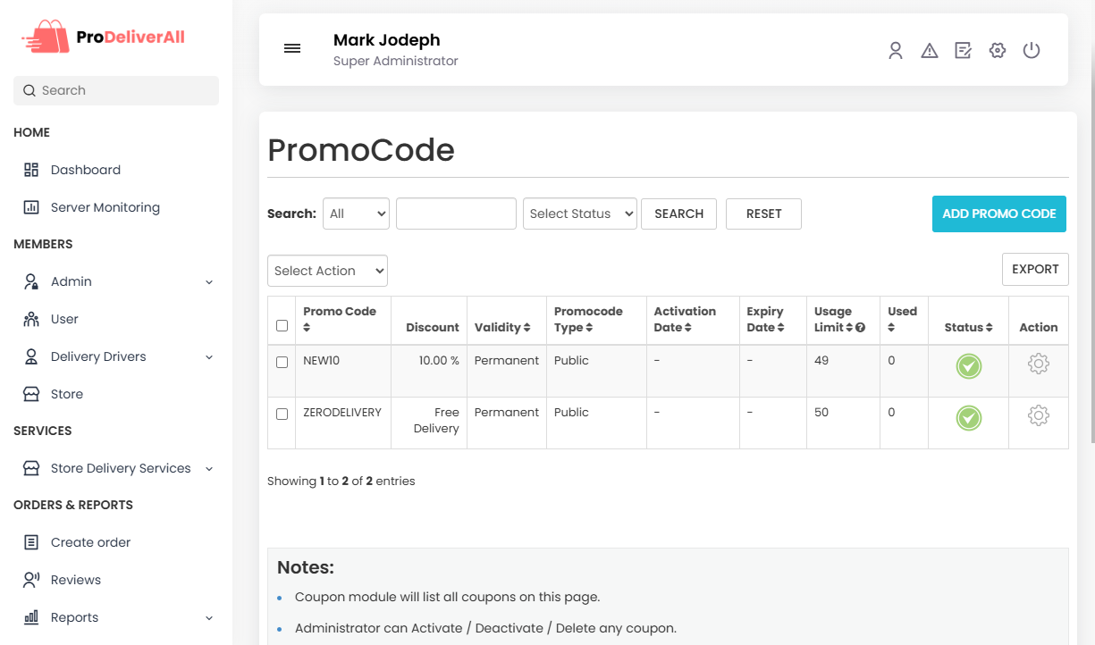 Manage Promo Code