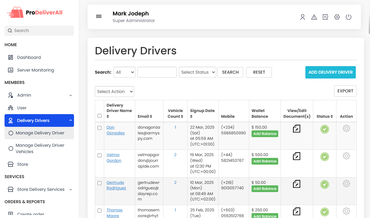 Manage Delivery Drivers