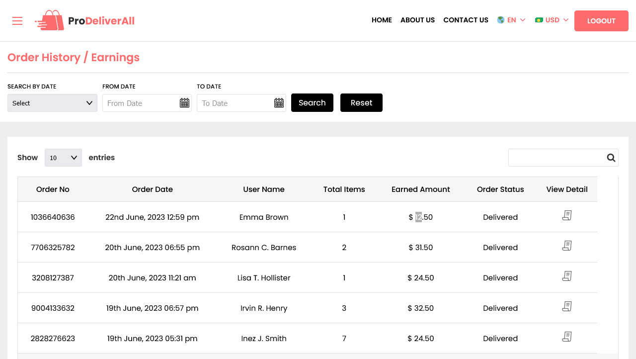 Order History/ Earnings