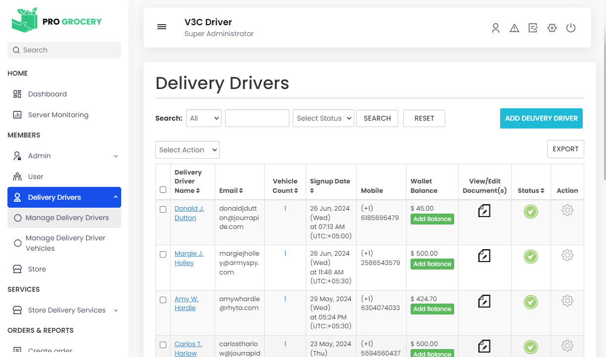 Manage Delivery Drivers