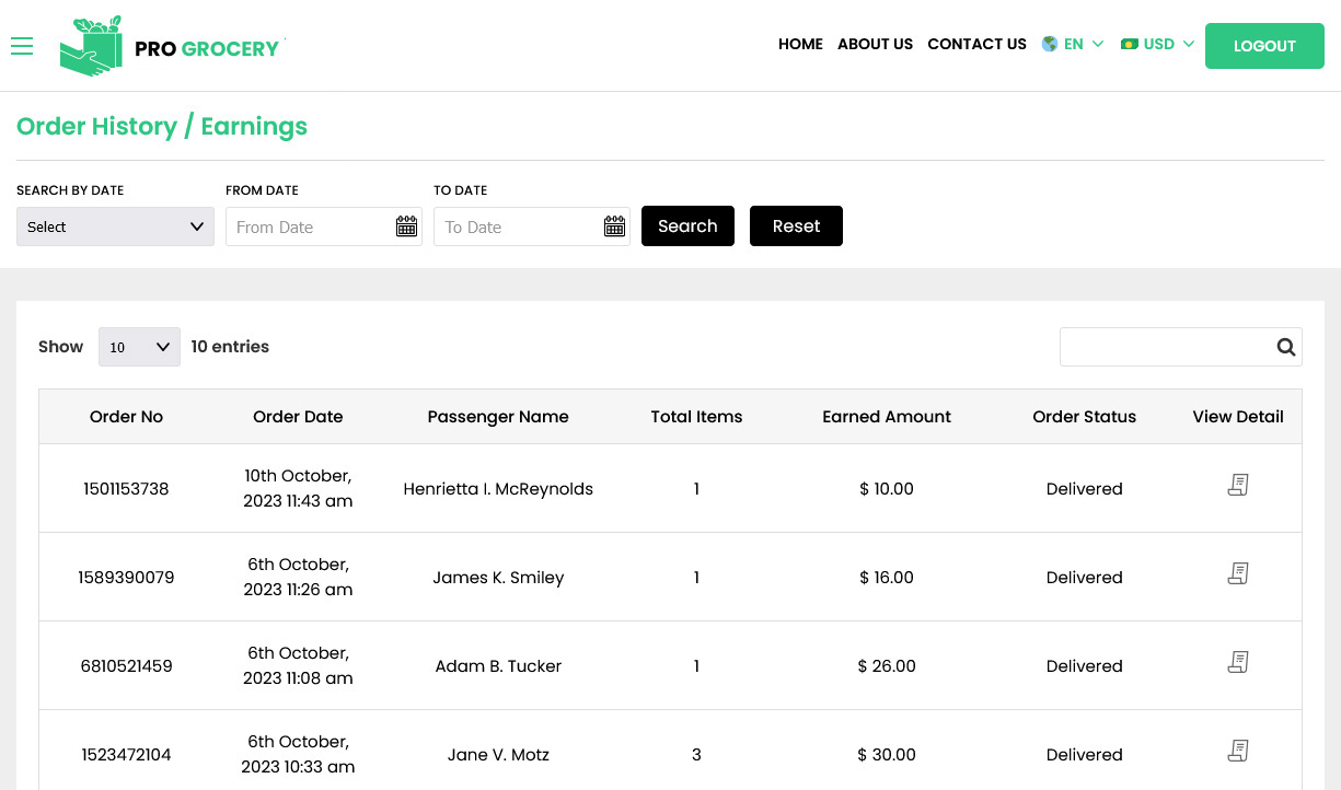 Store Orders / Earnings