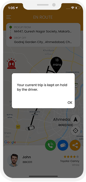 Notification of Trip has been put on hold by driver