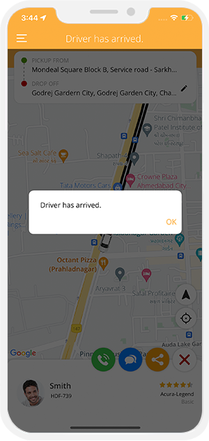 driver arrived to pickup location