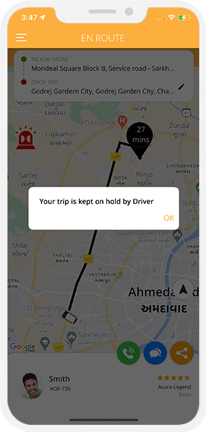 Notification of Trip has been put on hold by driver
