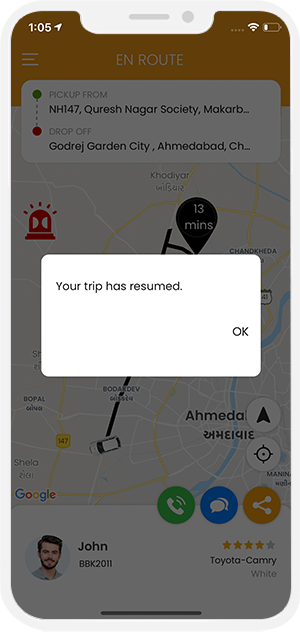 your trip is resumed
