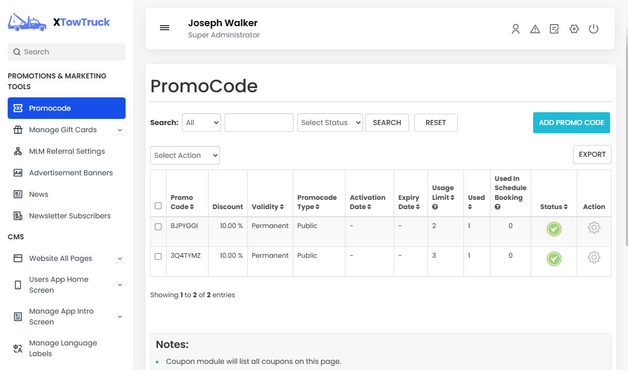 Manage Promocode
