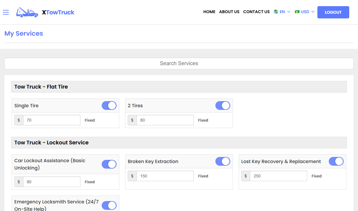Tow Truck - Manage Services
