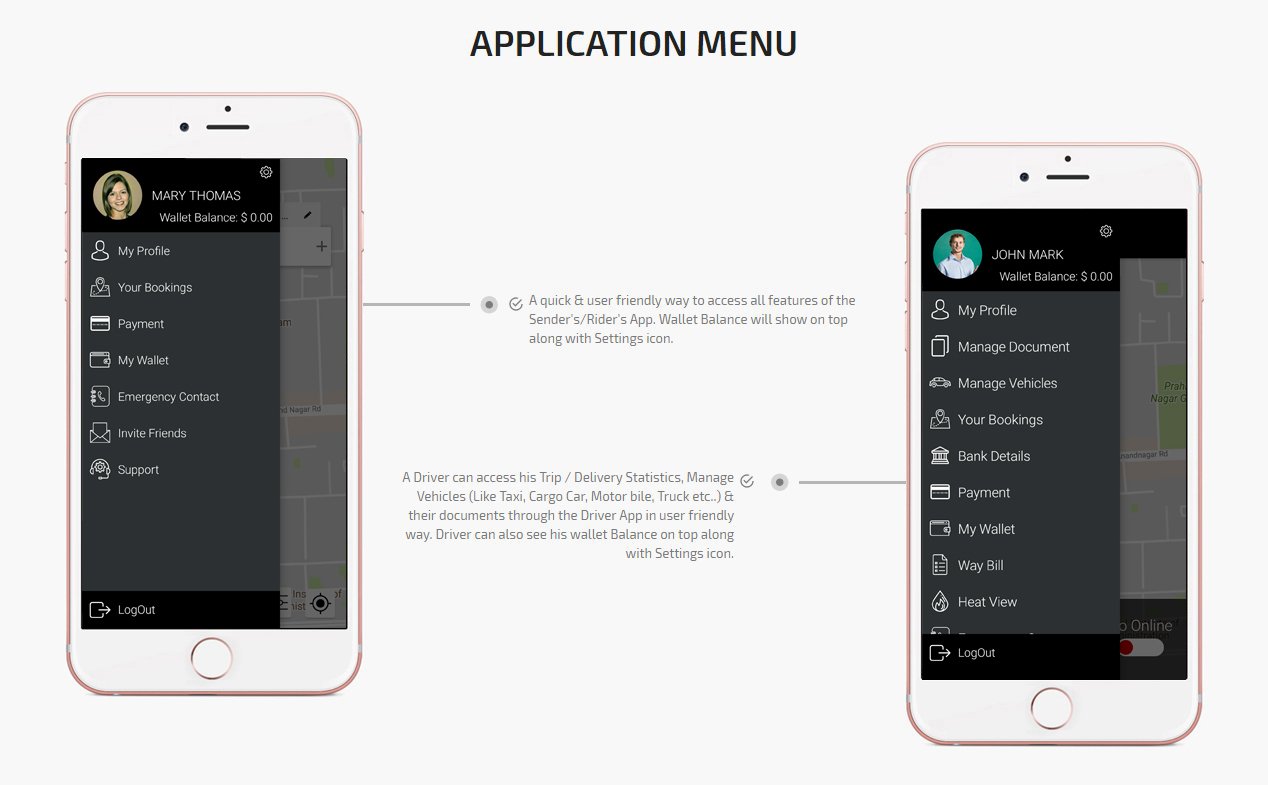 application menu Ride plus Delivery Application Menu Screen