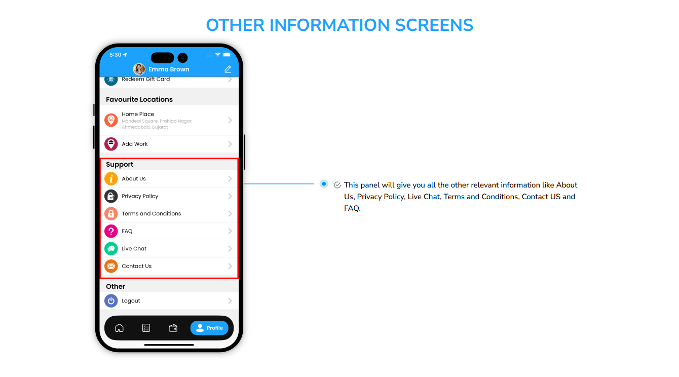 contact us and helpother information screen