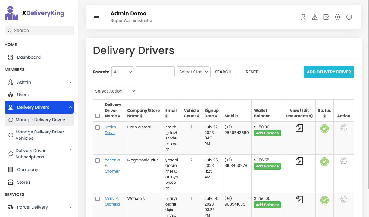 Manage Delivery Derivers