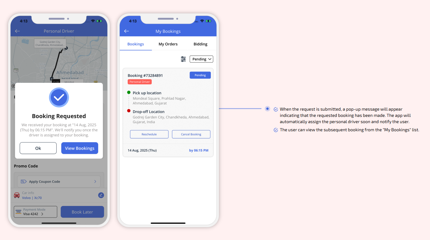 requested booking pop up notification