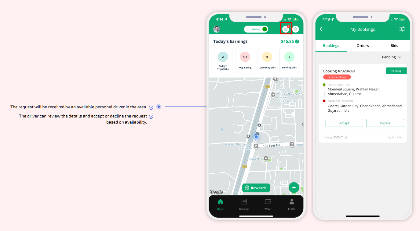 driver review the details of booking