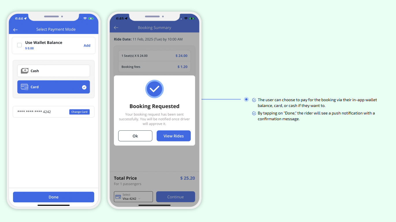 choose to pay for the booking via their in-app wallet balance, card, or cash if they want to.