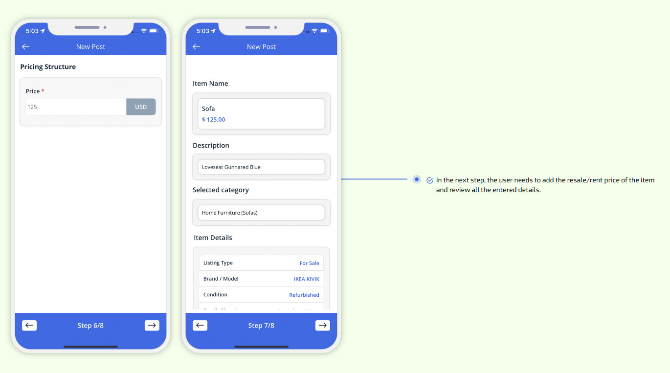 the user needs to add the resale/rent price of the item and review all the entered details.