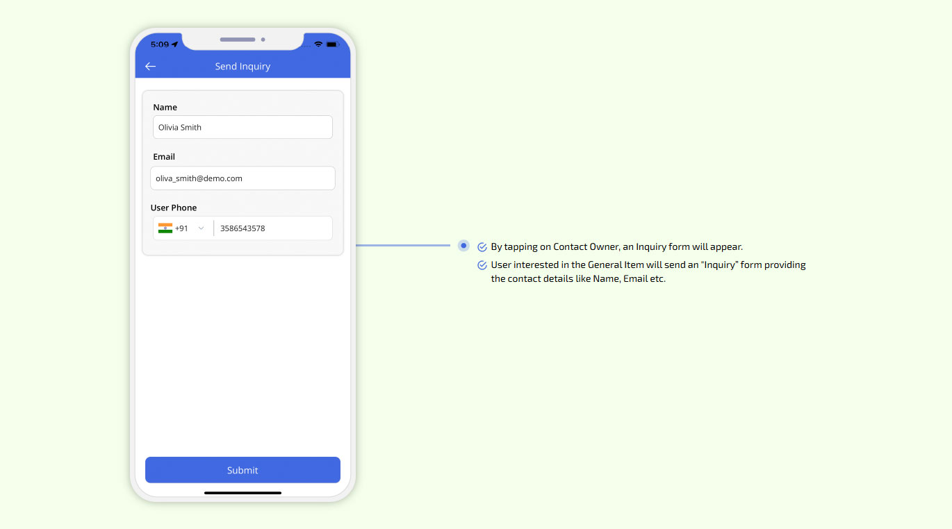 By tapping on Contact Owner, an Inquiry form will appear.