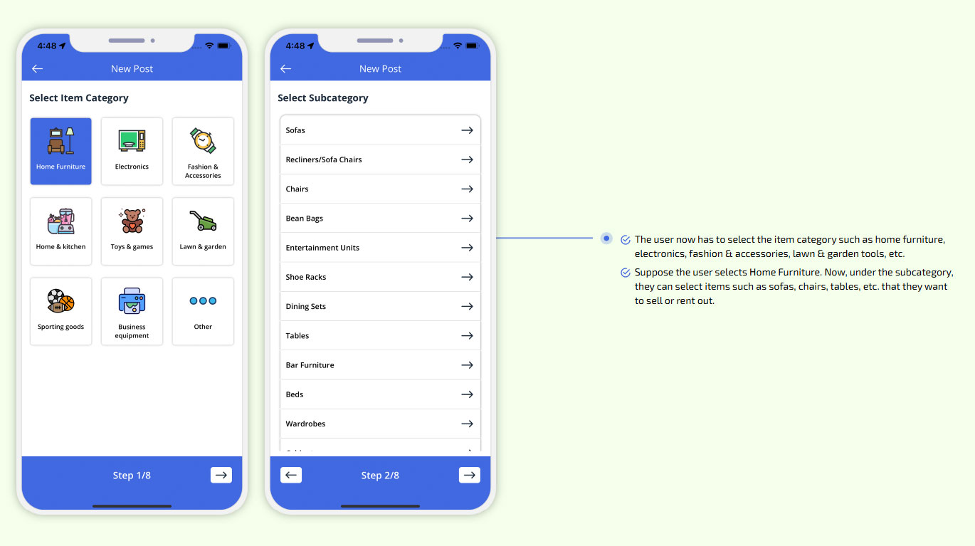 The user now has to select the item category such as home furniture, electronics, fashion & accessories etc.