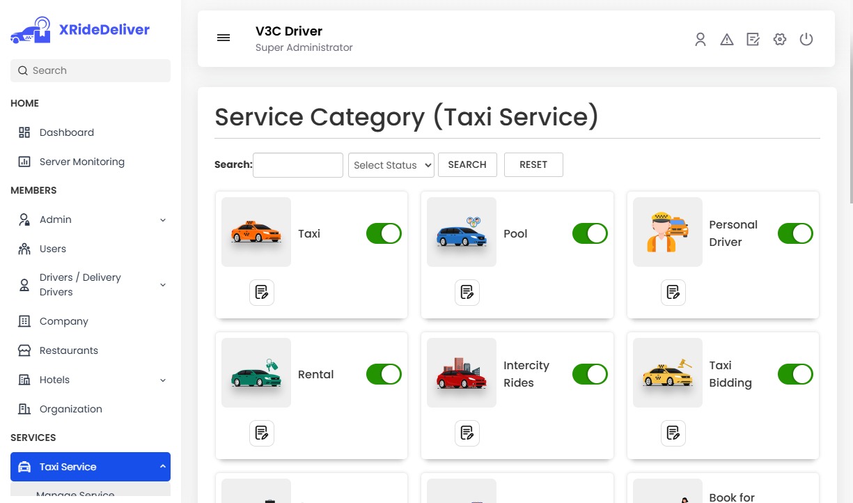 Manage Taxi Service Category